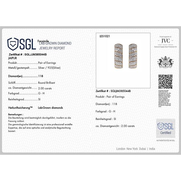 LUXURIANT SGL zertifizierte SI-GH Labor Diamant Ohrringe, 925 Silber 750 Gelbgold Vermeil - 2 ct. image number 6