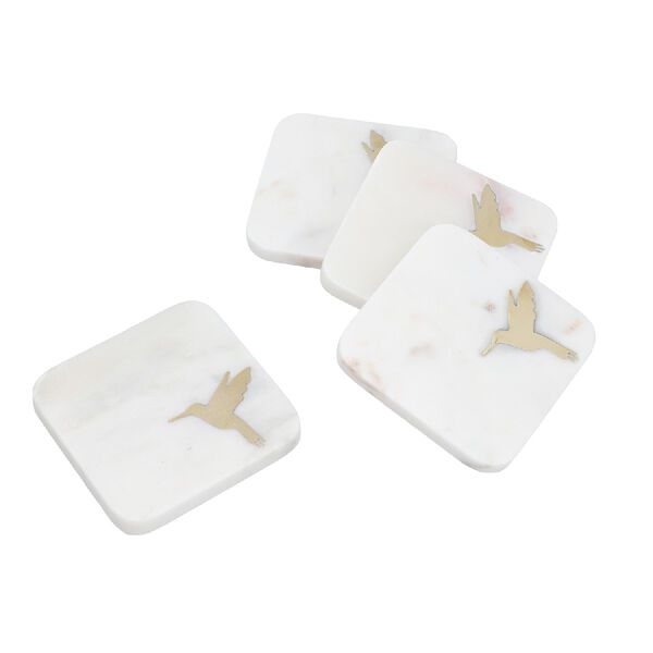 4er-Set, Marmor Untersetzer mit Messingintarsie, Kolibri, Gr&ouml;&szlig;e 10x10 cm, Wei&szlig;