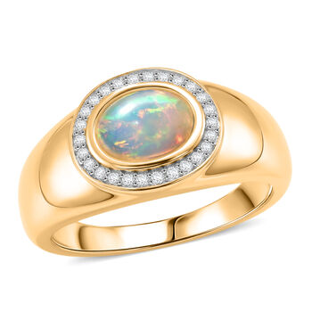 Nat&uuml;rlicher &Auml;thiopischer Opal und Zirkon Ring 925 Silber Gelbgold Vergoldet