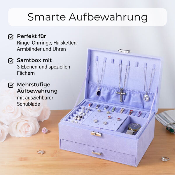 3-schichtige Schmuckbox aus Samt mit 5 Silberputztüchern in Lila, 24,5x17x11,5cm image number 3