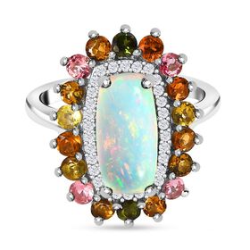 Natürlicher, äthiopischer Welo Opal, mehrfarbiger-Turmalin Ring, 925 Silber platiniert (Größe 19.00) ca. 3.61 ct