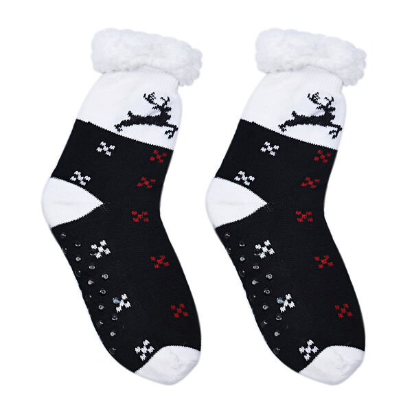 2er-Set - Rutschfeste Haussocken mit Sherpafutter, Wintermuster, Einheitsgröße, Schwarz-Weiß und Rot-Schwarz image number 4