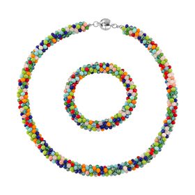 2er Set - Mehrfarbiger Kristall Halskette und Armband, flexibel