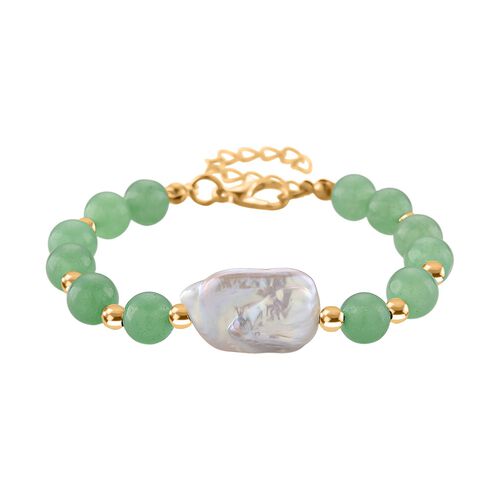 Grüner Aventurin, Weiße Keshi Perle Armband ca. Flexibles cm Standard gelb vergoldet 55.00 ct image number 0