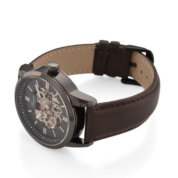 GENOA TIME V2 Automatikuhr mit mechanischem Automatikwerk, Zifferblatt Schwarz mit Sonnenschliff und offenem Design, Kaffeebraun Lederarmband 3 ATM wasserdicht image number 5
