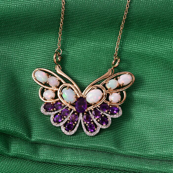 GP - AA Afrikanischer Amethyst, Nat&uuml;rlicher, &auml;thiopischer Welo Opal Halskette ca. 45 cm 925 Silber Rhodiniert und 750 Gelbgold Vermeil ca. 5,67 ct.