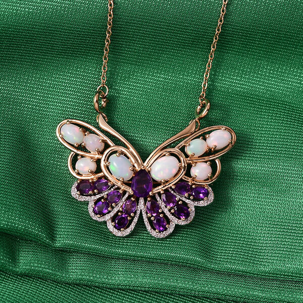 GP - AA Afrikanischer Amethyst, Nat&uuml;rlicher, &auml;thiopischer Welo Opal Halskette ca. 45 cm 925 Silber Rhodiniert und 750 Gelbgold Vermeil ca. 5,67 ct. image number 1