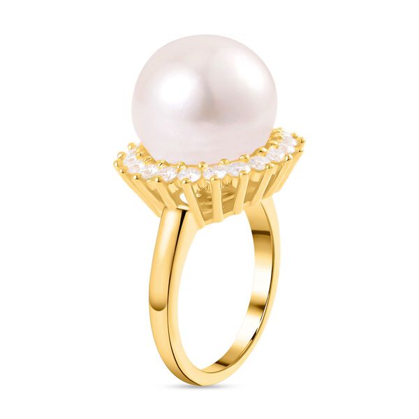 Weiße Edison Perle (13-14 mm), Moissanit Ring, 925 Silber Gelbgold Vermeil, (Größe 16.00) image number 5