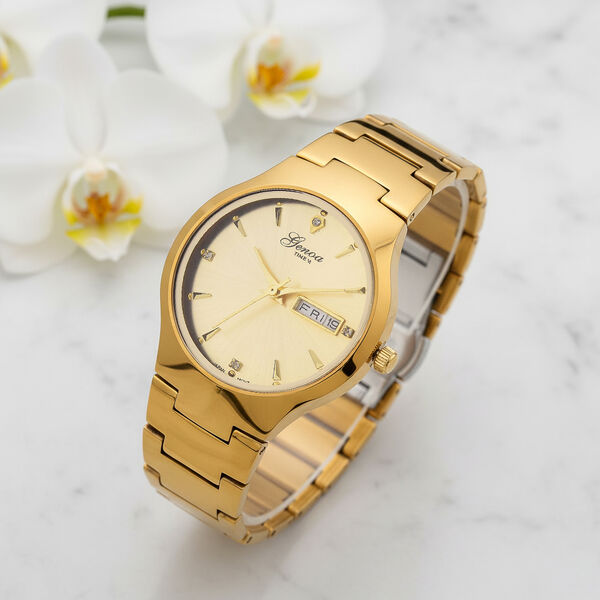 GENOA TIME V2 Uhr mit Japanischem VJ33 Quarzwerk, 36 mm, Zifferblatt mit Kristallen und Datumsanzeige, Armband aus Wolframstahl, 3 ATM wasserdicht, vergoldet image number 2