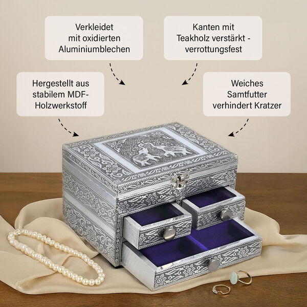 Oxidierte 3-stufige Schmuckbox mit Elefantenprägung und Samt-Innenfutter image number 4
