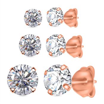 3er Set - AAAA Wei&szlig;er Zirkonia Ohrstecker, 925 Silber ros&eacute;vergoldet