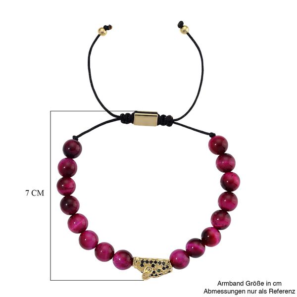 Fuchsia gef&auml;rbtes Tigerauge, Schwarzer Zirkonia Armband, flexibel, Messing image number 6