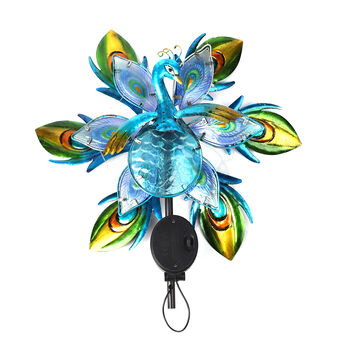 Handbemaltes Windrad Pfau mit Solarlicht, Gr&ouml;&szlig;e 25x15x117 cm, Mehrfarbig