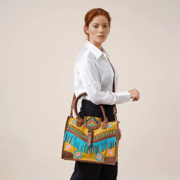 Handgefertigte Umhängetasche aus Echtleder mit Stickerei, Fransen und geometrischem Muster, Magnetverschluss, 28x24x18cm, Gelb-Braun image number 4