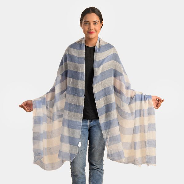 Baumwolle und Seide Unisex Schal, Streifenmuster, Gr&ouml;&szlig;e 210x100 cm, Blau und Wei&szlig;