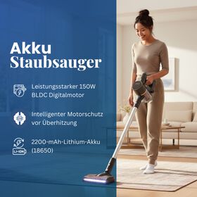 Akku-Staubsauger, BLDC Digitalmotor, 150W, 22,2V, Überhitzungs- und Staubschutz, Grau