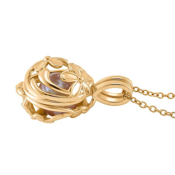 Lila Edison-Perle Anhänger mit Kette, Blumen-Cage-Design, ca. (10-12mm), Messing und Edelstahl, Goldfarben image number 3