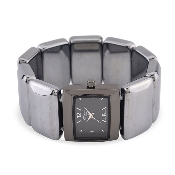 GENOA Terahertz Armbanduhr - Japanisches Uhrwerk, Legierungsgehäuse, Stahlplattierung, Weißes Zifferblatt, 9 Terahertz-Steine im Elastikarmband, Wasserresistent, 30x27,8?mm, Schwarz, ca. 430?ct image number 3