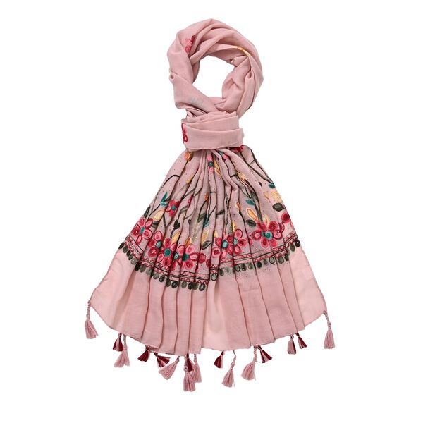 Leichter Sommer-Schal mit Diamantstickerei und Fransen, 68x180 cm, Pink image number 0