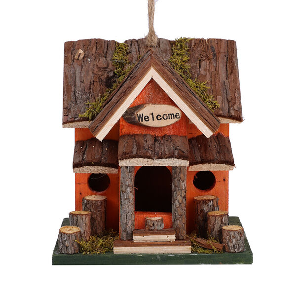 Handgefertigtes Vogelhaus aus Naturholz und MDF, 18,5x16x20 cm, Orange