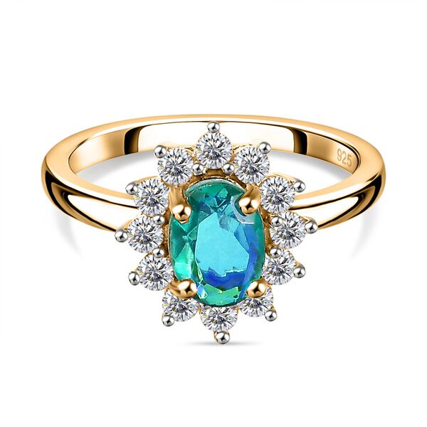 Pfau Quarz Triplette, Wei&szlig;er Zirkon Ring 925 Silber vergoldet (Gr&ouml;&szlig;e 16.00) ca. 1,45 ct