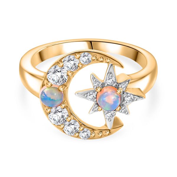 D'Joy AA Nat&uuml;rlicher, &auml;thiopischer Welo Opal, Wei&szlig;er Zirkon Ring 925 Silber 750 Gelb Vergoldet (Gr&ouml;&szlig;e 20.00) ca. 0,79 ct