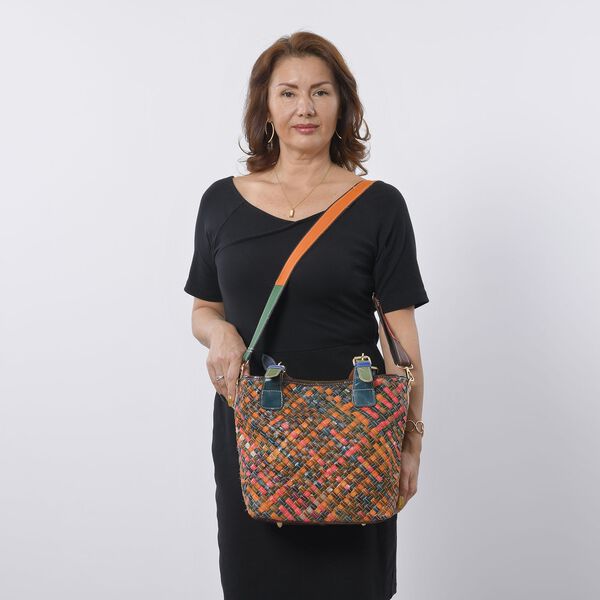 CHAOS BY ELSIE - Umh&auml;ngetasche aus echtem Leder mit Webmuster, 25x10x21 cm, Mehrfarbig, hell image number 2