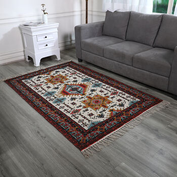 Handgewebter bedruckter L&auml;ufer aus 100 % Baumwolle, 180x120 cm, rot