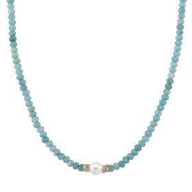 Muschelkernperle (9-11 mm) Halskette mit Blauem Quarzit, verstellbar ca. 40.5 cm +10 cm Extender, goldfarben