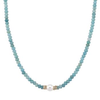 Muschelkernperle (9-11 mm) Halskette mit Blauem Quarzit, verstellbar ca. 40.5 cm +10 cm Extender, goldfarben