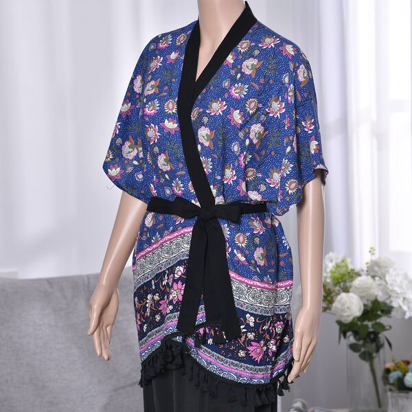 Kurz&auml;rmeliger Kimono mit Blumendruck, schwarzem G&uuml;rtel, mehrfarbig image number 3