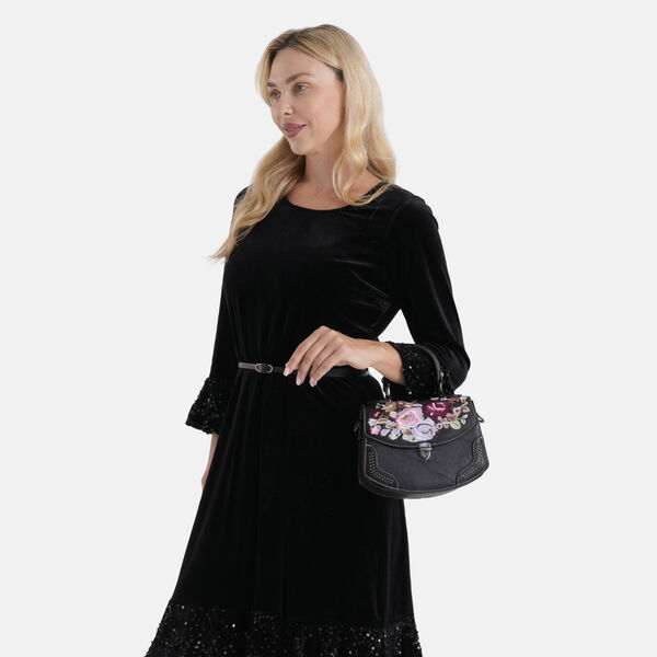 Kompakte Kunstprint Crossbody Tasche mit floralem Design, 23x9x17cm, Schwarz image number 3