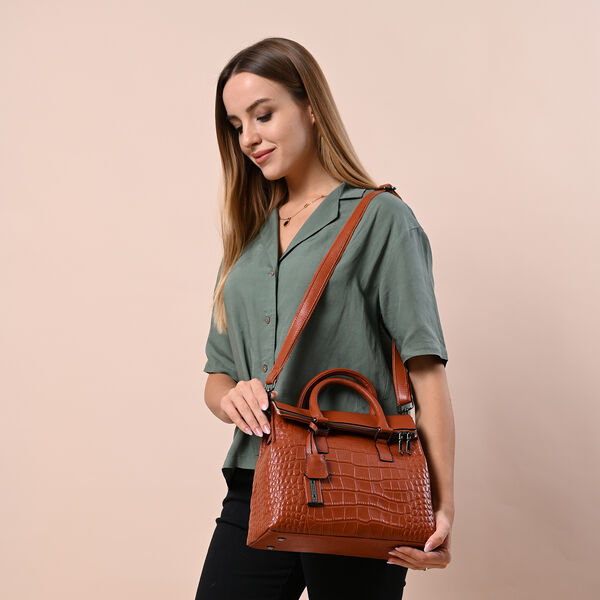 Schultertasche aus 100% echtem Leder mit Kroko-Pr&auml;gung und abnehmbarem Riemen, Braun&nbsp; image number 7