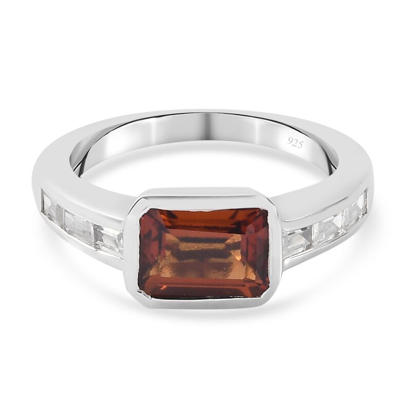 Hessonit Granat und Zirkon Solitär Ring 925 Silber Platin-Überzug image number 0