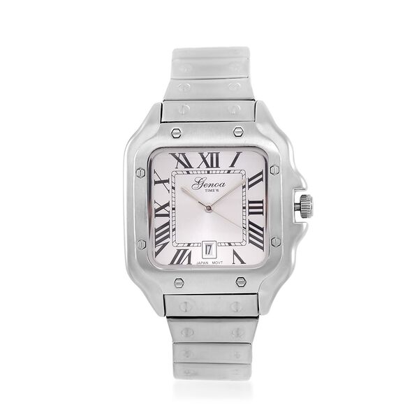 GENOA - Elegante Japan-Uhr mit Datumsfunktion, IPS-versilbertem Geh&auml;use, r&ouml;mischen Ziffern, Edelstahlarmband, 3 ATM Wasserdichtigkeit, 20 cm