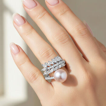 Wei&szlig;e S&uuml;&szlig;wasser Perle, Wei&szlig;er Zirkonia Ring Nickelfreies Messing, Flexibles (Gr&ouml;&szlig;e 17.00-19.00)