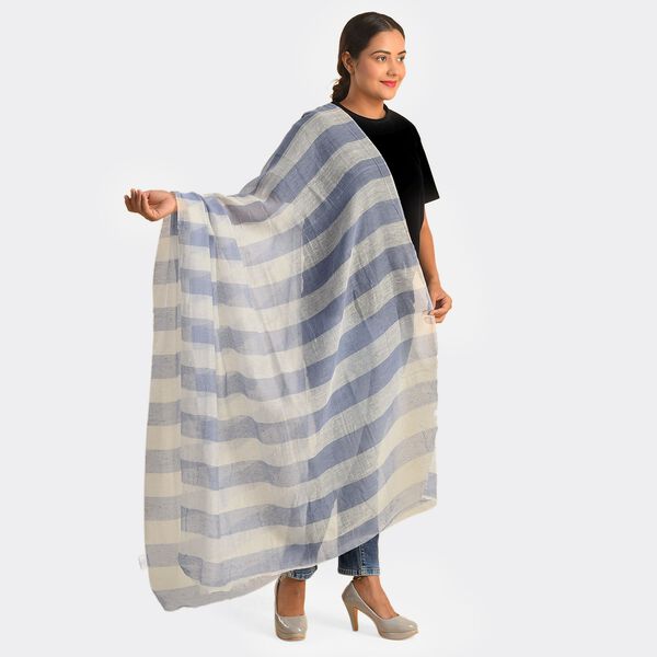 Baumwolle und Seide Unisex Schal, Streifenmuster, Gr&ouml;&szlig;e 210x100 cm, Blau und Wei&szlig; image number 3