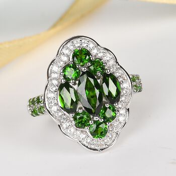 Nat&uuml;rlicher Chromdiopsid und Zirkon Cluster Ring 925 Silber platiniert  ca. 2,19 ct