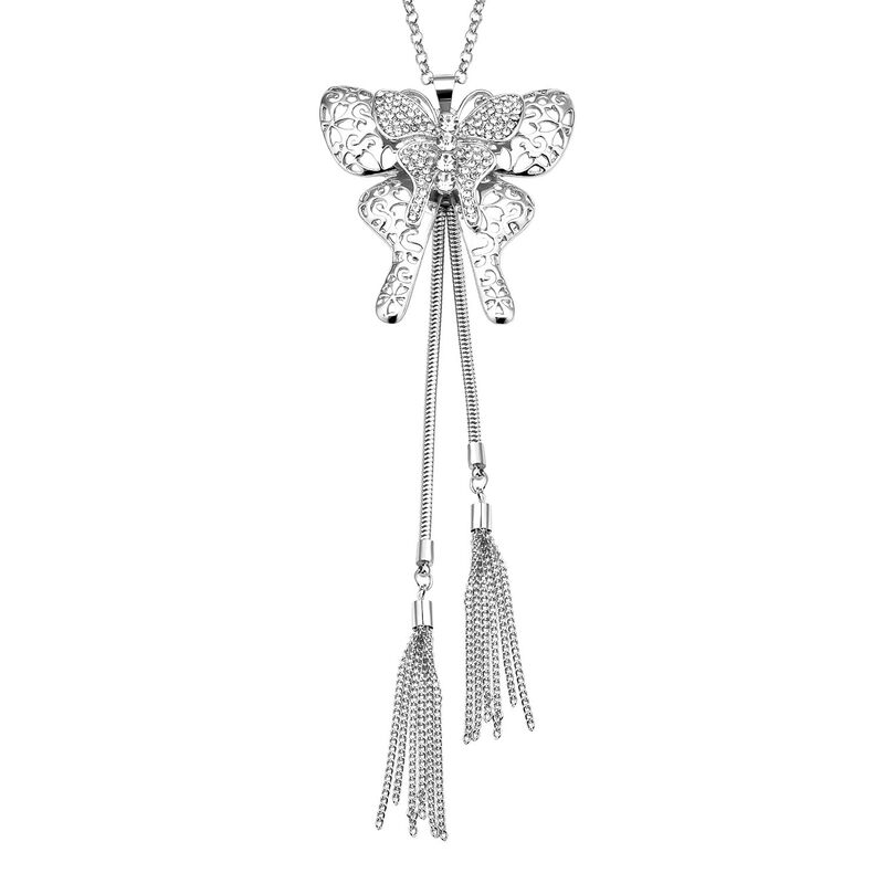 Weiße Kristall Schmetterling-Halskette, ca. 73.75 cm, silberfarben image number 0