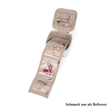 Samt-Schmuckbox mit 4 transparenten Schmuckbeuteln, 12x12x7 cm, Cr&egrave;me