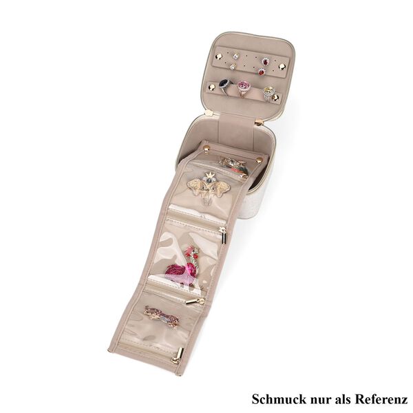 Samt-Schmuckbox mit 4 transparenten Schmuckbeuteln, 12x12x7 cm, Cr&egrave;me
