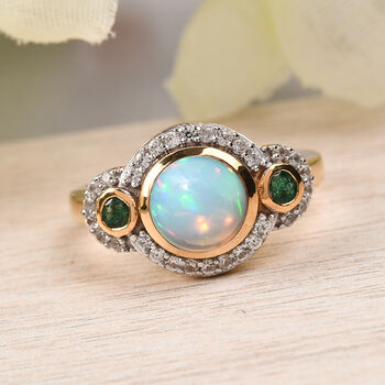 Nat&uuml;rlicher &Auml;thiopischer Opal und Sambischer Smaragd Ring 925 Silber vergoldet  ca. 1,52 ct