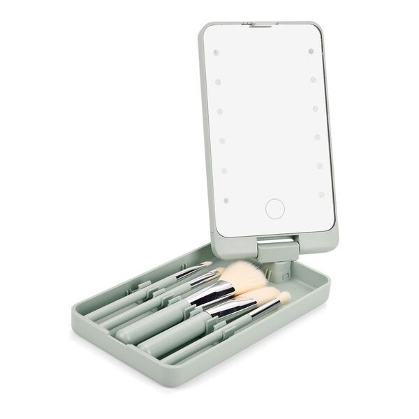 5-teiliges Reise-Makeup-Pinselset mit Spiegel, 16x8,9x2,6cm, grün image number 5