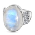 Premium Regenbogen Mondstein, weißer Zirkon Ring, 925 Silber platiniert, (Größe 19.00), ca. 12.69 ct