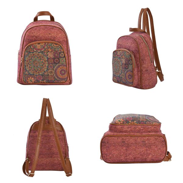 Praktischer Rucksack aus Naturkork mit Kunstleder-Griffen, Bohème Muster, Rot image number 4
