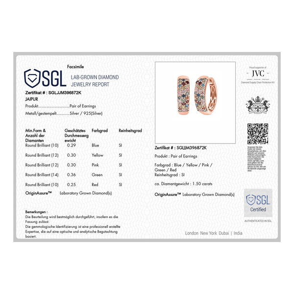 LUXURIANT DIAMOND - Lab Grown Mehrfarbig Diamant SI, Lab Grown Gelb Diamant Ohrringe, SGL zertifiziert, 925 Silber 750 Ros&eacute;gold Vermeil ca. 1.50 ct image number 5