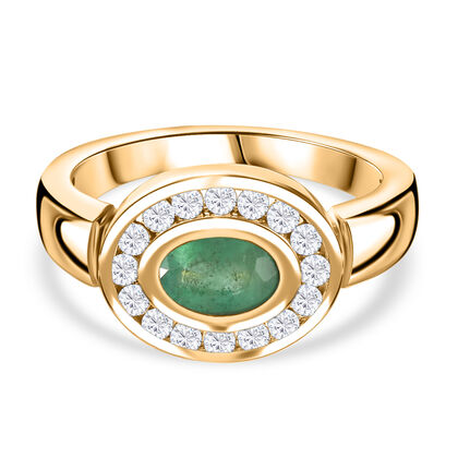 Kagem Sambischer Smaragd, Wei&szlig;er Zirkon Ring 925 Silber 750 Gelbgold Vermeil (Gr&ouml;&szlig;e 20.00) ca. 1,24 ct