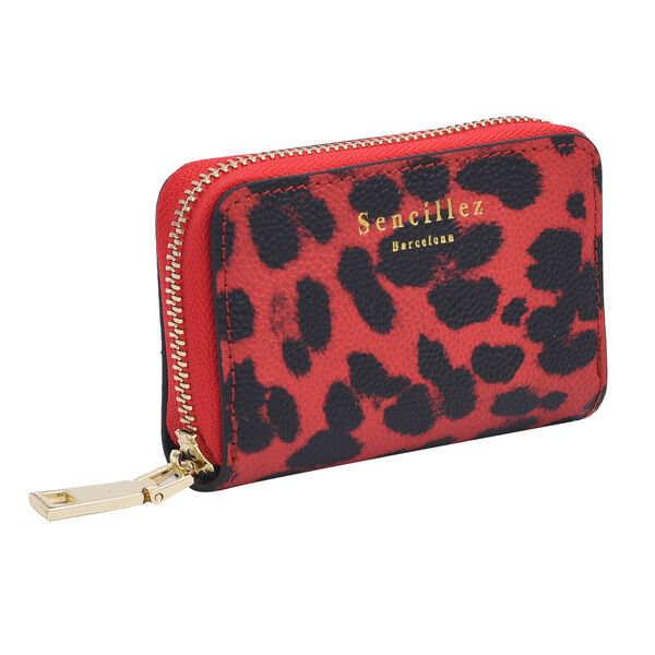 SENCILLEZ Geldbörse aus 100% echtem Leder und RFID Schutz, Leopardenmuster, Größe 12x2x8 cm, Schwarz und Rot image number 2