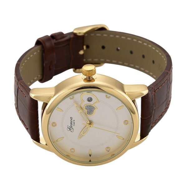 GENOA - Automatik-Armbanduhr mit Herz-Design und Datumsanzeige, Dandong-Uhrwerk, Weißes Zifferblatt, Goldfarben, Brauners Lederarmband, 36 mm image number 4