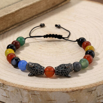 Mehrfarbiger Achat, Schwarzer Zirkonia Armband, Flexibles, Messing Schwarzes Rhodium